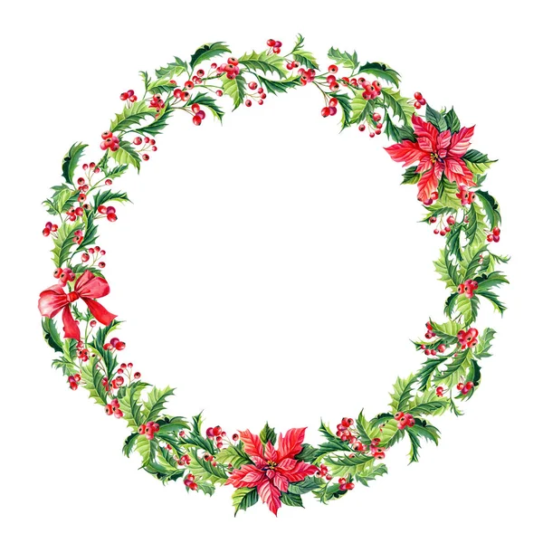붉은 포 인 세 티아 꽃, 홀리, 수채화 메리 크리스마스 화 환 잎, 열매 — 스톡 사진