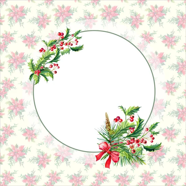 Watercolor Merry Christmas Frame with Holly,leaves,Red berries,pine,spruce,bow on vintage background.New — Stock Photo, Image