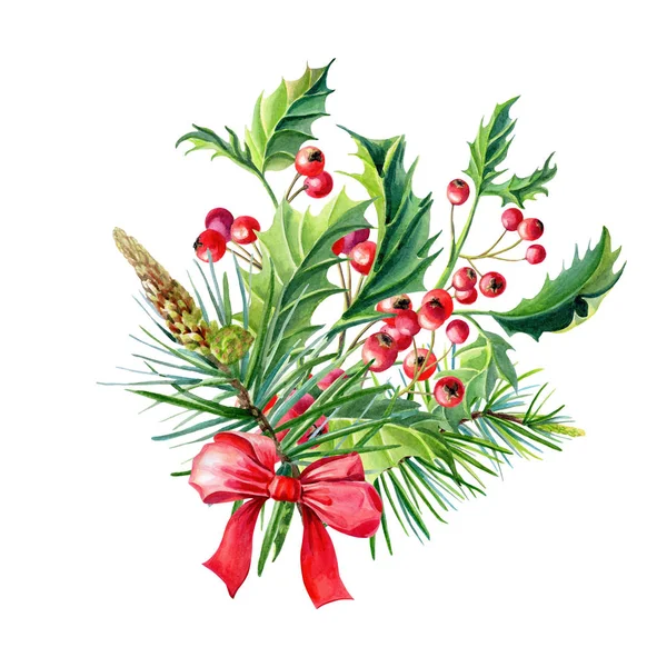 Aquarelle Joyeux bouquet de Noël avec arc rouge, houx, feuilles, baies, pin, épinette, brindilles vertes — Photo