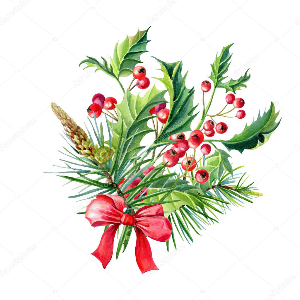 Watercolor Merry Christmas bouquet with Red bow,Holly,leaves,berries,pine,spruce,green twigs