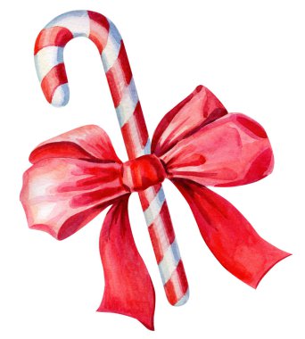 Bir kırmızı yay ile çizgili lolipop. Suluboya tatil illüstrasyon. Beyaz arka plan üzerinde izole görüntü.