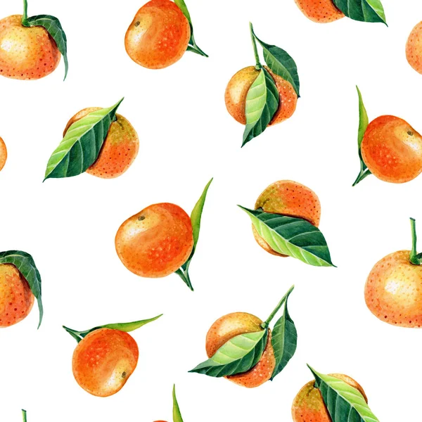 Aquarell Mandarinen mit Blättern. Semless Muster für Printdesign. Mandarine Orange Frucht. — Stockfoto
