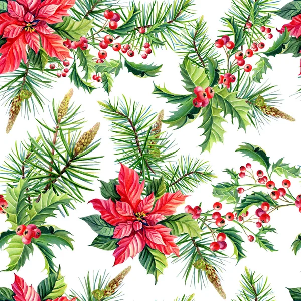 Acuarela de Navidad sin costura pattern.Red flores poinsettia, acebo, hojas , — Foto de Stock