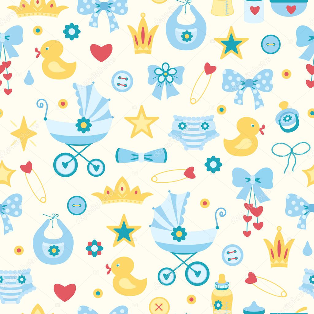 Cute seamless pattern with baby girl things.Diaper,carriage,stroller, pin,