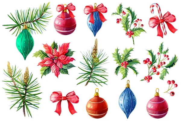Акварель встановлюється зимовими елементами на Новий рік. Барвисті різдвяні кульки, сосна, пуансетія, Холлі, лук, смугасті цукерки — стокове фото