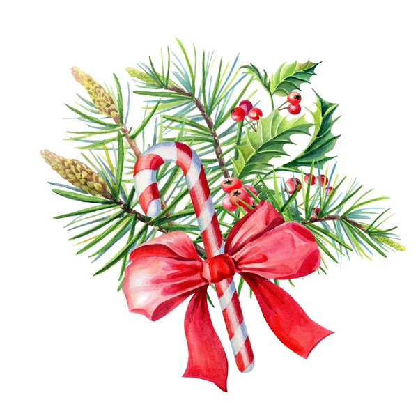 Aquarelle Joyeux bouquet de Noël avec arc rouge, houx, feuilles, baies — Photo