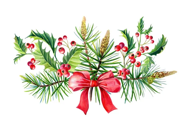 소나무 가문비나무 바탕에 색으로 수채화 크리스마스 꽃다발 인사말 디자인에 — 스톡 사진
