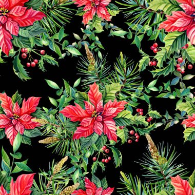 Noel suluboya seamless modeli. Kırmızı Atatürk çiçeği çiçek, Holly, yaprakları, çilek, yeşil çam, Ladin, siyahta. Yeni yıl için kış botanik resimde çizilmiş. Tekstil baskı.