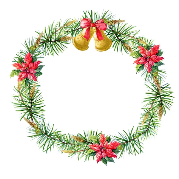 Watercolor Merry Christmas Wreath with gold bells, Red poinsettia flowers,pine,spruce,bow on white background.