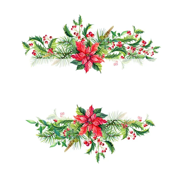 수채화 메리 크리스마스 프레임 빨간 포 인 세 티아와 꽃, 홀리, 잎, 열매, 소나무, 가문비나무, 녹색 나뭇가지에 화이트 — 스톡 사진