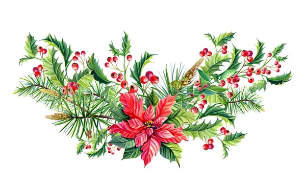 Ramo de Navidad de acuarela con flores rojas de poinsettia, acebo, hojas, bayas, pino — Foto de Stock