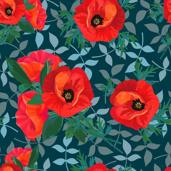 Amapolas rojas, hojas sobre un fondo oscuro.Patrón sin costura floral con grandes flores brillantes.Vector de verano — Archivo Imágenes Vectoriales