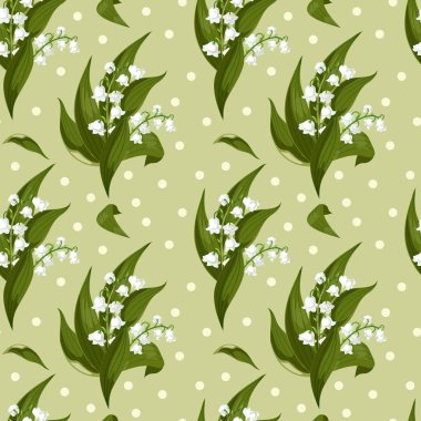 Lilly Vadisi - çan olabilir, benekli bir arka plan üzerinde Convallaria majalis yeşil yaprakları. Bahar çiçekleri. Seamless modeli. El gerçekçi vektör çizim çekilmiş. Baskı Tekstil, kumaş için