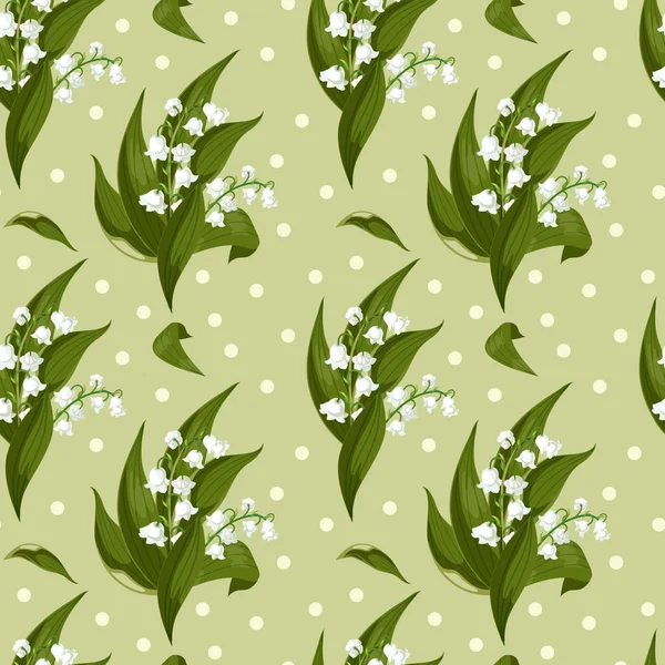 Lilly Vadisi - çan olabilir, benekli bir arka plan üzerinde Convallaria majalis yeşil yaprakları. Bahar çiçekleri. Seamless modeli. El gerçekçi vektör çizim çekilmiş. Baskı Tekstil, kumaş için