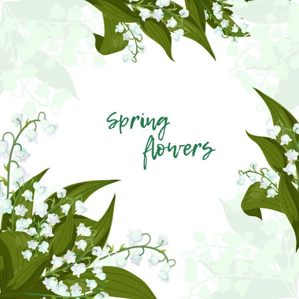 Tebrik kartı. Lilly Vadisi - çan olabilir, beyaz bir arka plan üzerinde Convallaria majalis yeşil yaprakları