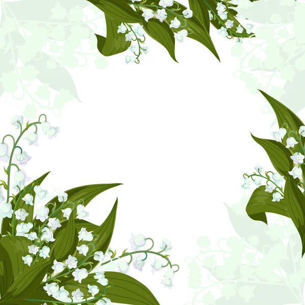 Tarjeta de felicitación. Lilly del valle - campanas de mayo, Convallaria majalis con hojas verdes sobre un fondo blanco — Vector de stock