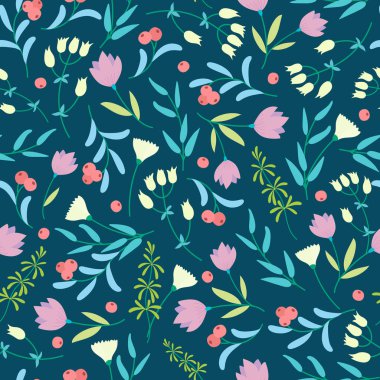 koyu arka planda küçük renkli çiçekler ile desen.