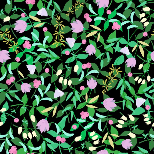 Fiori, foglie verdi sullo sfondo nero.Vettore floreale estivo — Vettoriale Stock