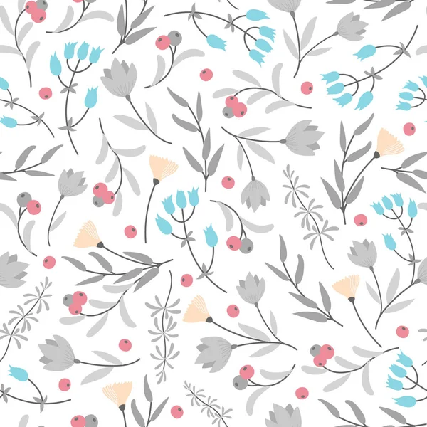 Seamless pattern with small colorful flowers,gray leaves on the white background — Stock Vector