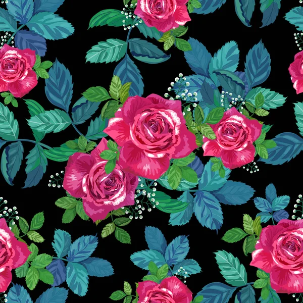 Beautiful floral seamless pattern .Red, pink roses with green leaves on black background . — стоковый вектор
