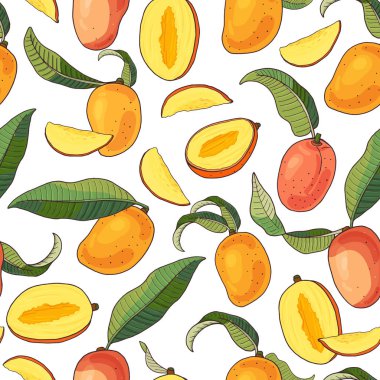Mango.Dikişsiz desen sarı ve kırmızı tropikal meyve ve beyaz parçaları ile