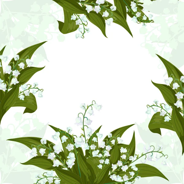 Biglietto d'auguro.Cornice con Lilly della valle - Campane di maggio, Convallaria majalis con foglie verdi — Vettoriale Stock