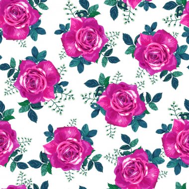 Beyaz bir arka plan üzerinde güzel mor güller ile Dikişsiz desen. Yaz Vektörü