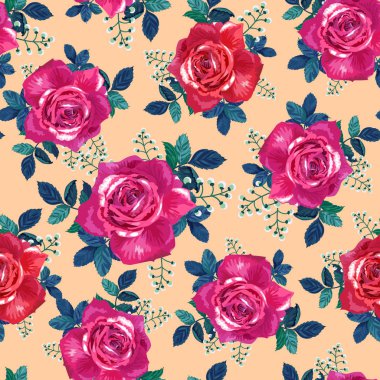 Bej arka planda pembe, kırmızı güller ile güzel dikişsiz desen. Vektör