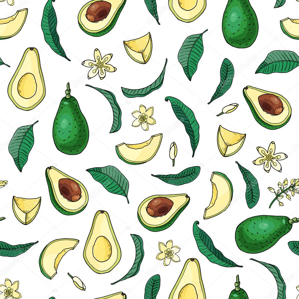 Realistic avocado.Seamless pattern.Summer exotic food.Cartoon Whole,half fruit with leaf,flower