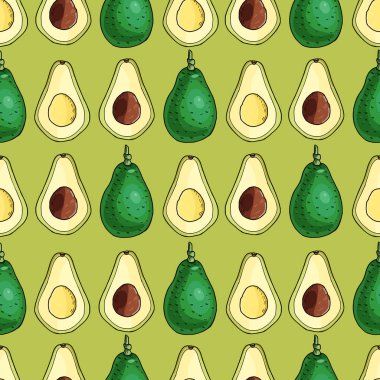 Gerçekçi avokado. Kusursuz desen. Yaz egzotik yemek. Karikatür Bütün, yarım meyve