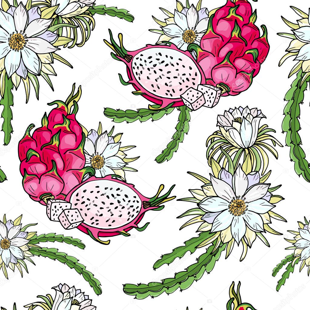 Pink pitaya.Seamless pattern.Summer tropical food for healthy lifestyle.Red dragon whole fruit and half,flower.