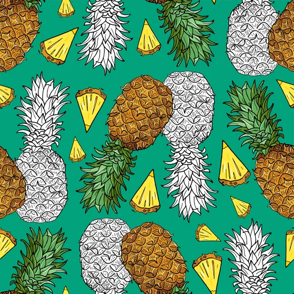 Ananas met bladeren, kleine stukjes. Naadloos patroon met een stukje tropisch fruit op groen — Stockvector