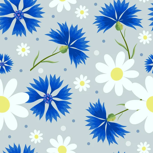 Motif sans couture avec petites et grandes marguerites blanches, bleuets bleus, points sur un fond gris — Image vectorielle