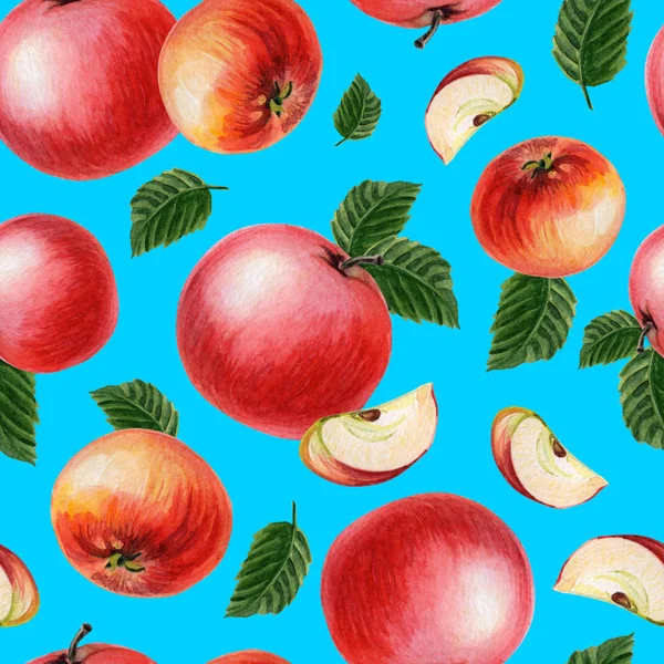 Червоні яблука з листям на світло-блакитному тлі. Літо, осіння ілюстрація — стокове фото