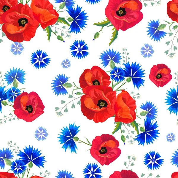 Kırmızı haşhaş ve mavi cornflowers ile Soyut Çiçek dikişsiz desen. — Stok Vektör