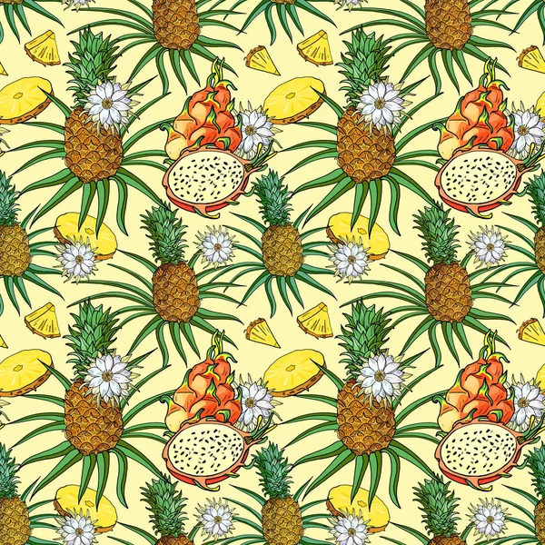Ананас с листьями, кусочками. Бесшовный узор с кусочком тропических фруктов на желтом — стоковый вектор