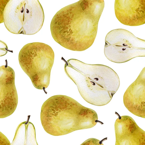 Yellow-green whole ripe pear on a white background.Summer,autumn illustration of fruits.Garden realistic seamless pattern B — Stock Photo, Image