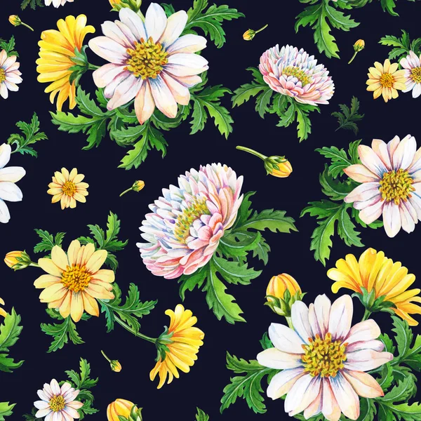 Vodní barvy chryzantémy na černém pozadí. Abstraktní plynulý vzor žlutých květů — Stock fotografie