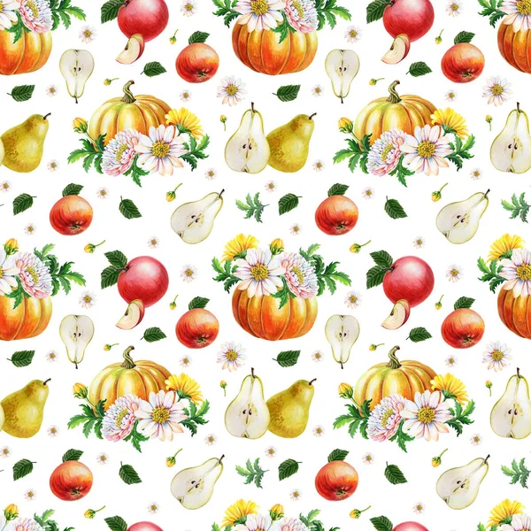 Πορτοκαλί κολοκύθα, χρυσάνθεμο, αχλάδια, κόκκινα μήλα σε λευκό φόντο. Καλοκαίρι, φθινοπωρινό εικονογράφηση φρούτων, λαχανικών. — Φωτογραφία Αρχείου