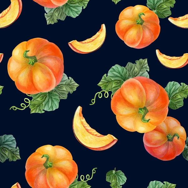 Orange pumpkin on black background.Seamless pattern.Summer,autumn illustration of vegetables. — Stock Photo, Image
