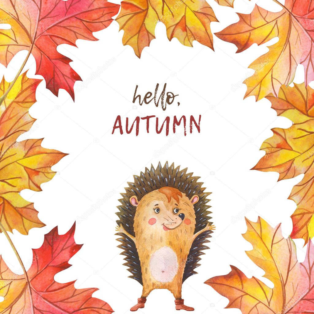 Watercolor hedgehog and Autumn leaf fall.One cartoon forest animal on a white background.