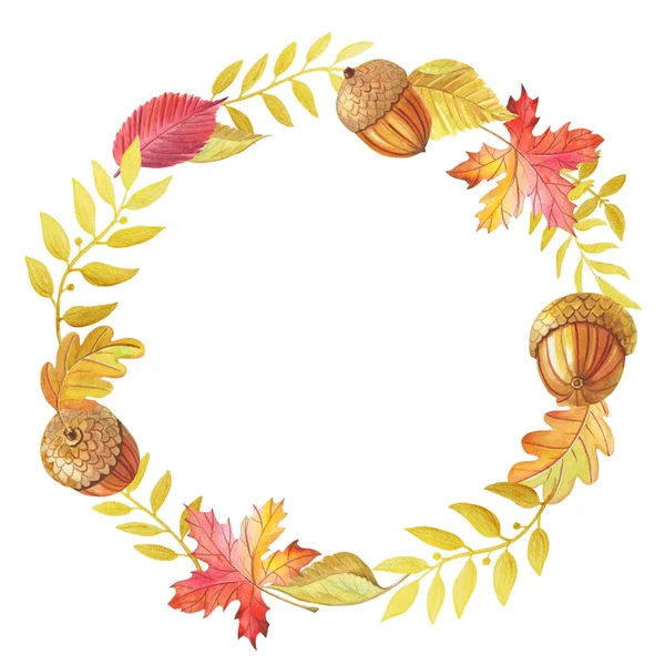 葉の水彩の秋の花輪は、白い背景に落ちる。明るい水彩画 — ストック写真