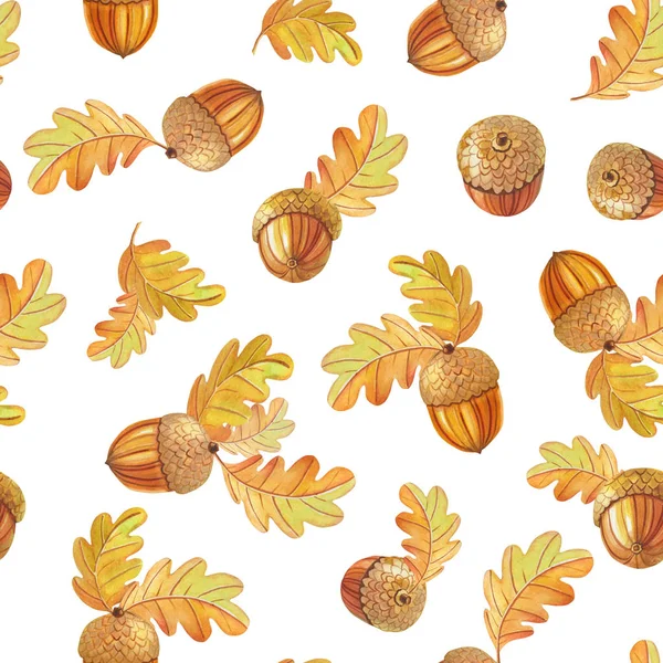 Herfst naadloze patroon met kleurrijke eikenbladeren en eikels op een donkere achtergrond. — Stockfoto