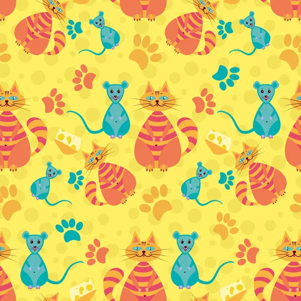 Веселий Милий Безшовний Візерунок Кішками Мишами Сиром Слідами Жовтому Тлі — стоковий вектор