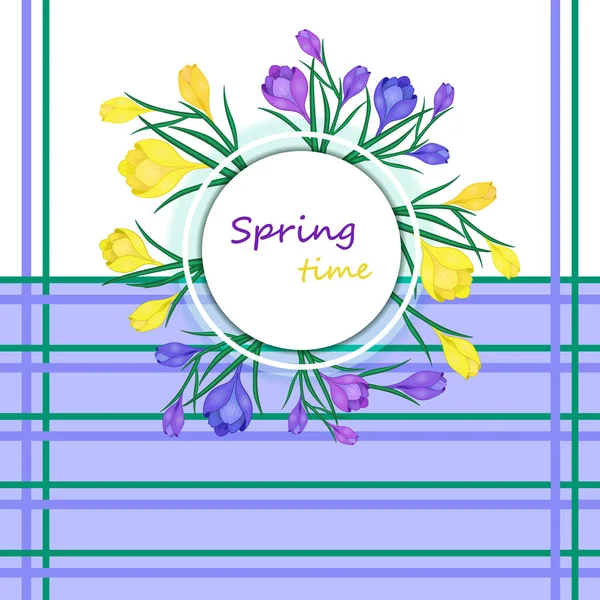 Karta Życzeniami Słowami Czas Wiosny Kwiaty Ilustracja Wektora Fioletowymi Żółtymi — Wektor stockowy