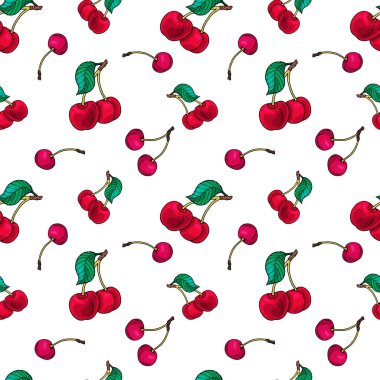 Beyaz arka planda kırmızı, taze kiraz meyvesi. Vektör.