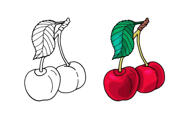 Χαριτωμένο καρτούν κόκκινο κεράσι και φύλλα. Μαύρο και άσπρο διάνυσμα περίγραμμα εικονογράφηση με φρούτα για παιδιά χρωματισμό βιβλίο. — Διανυσματικό Αρχείο
