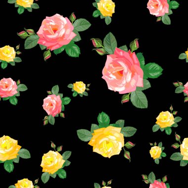 Pembe, sarı güllerle kusursuz desen