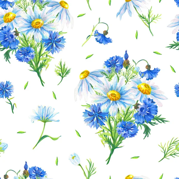 Watercolor bouquet of Camomiles,cornflowers,green leaves.on a white background.Abstract seamless pattern — Stock Photo, Image