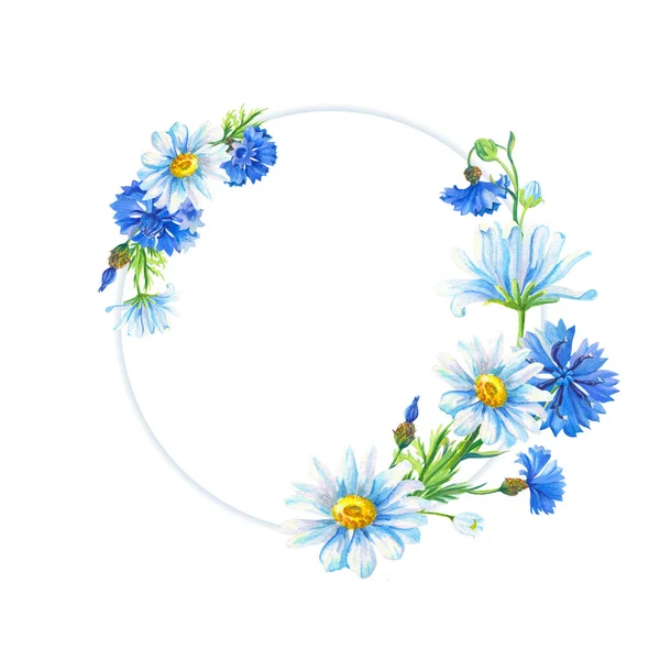 Çerçeve. Bir buket beyaz papatya, kırmızı haşhaş, mısır çiçeği. Dekorasyon için soyut çiçek. Suluboya çiçek çizimi.